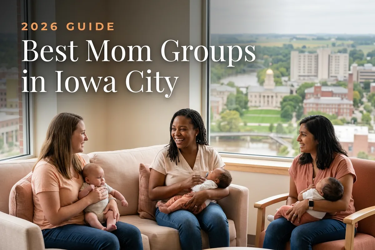 Best mom groups in Iowa City, IA: three moms holding their babies at an Iowa City new-parent meetup