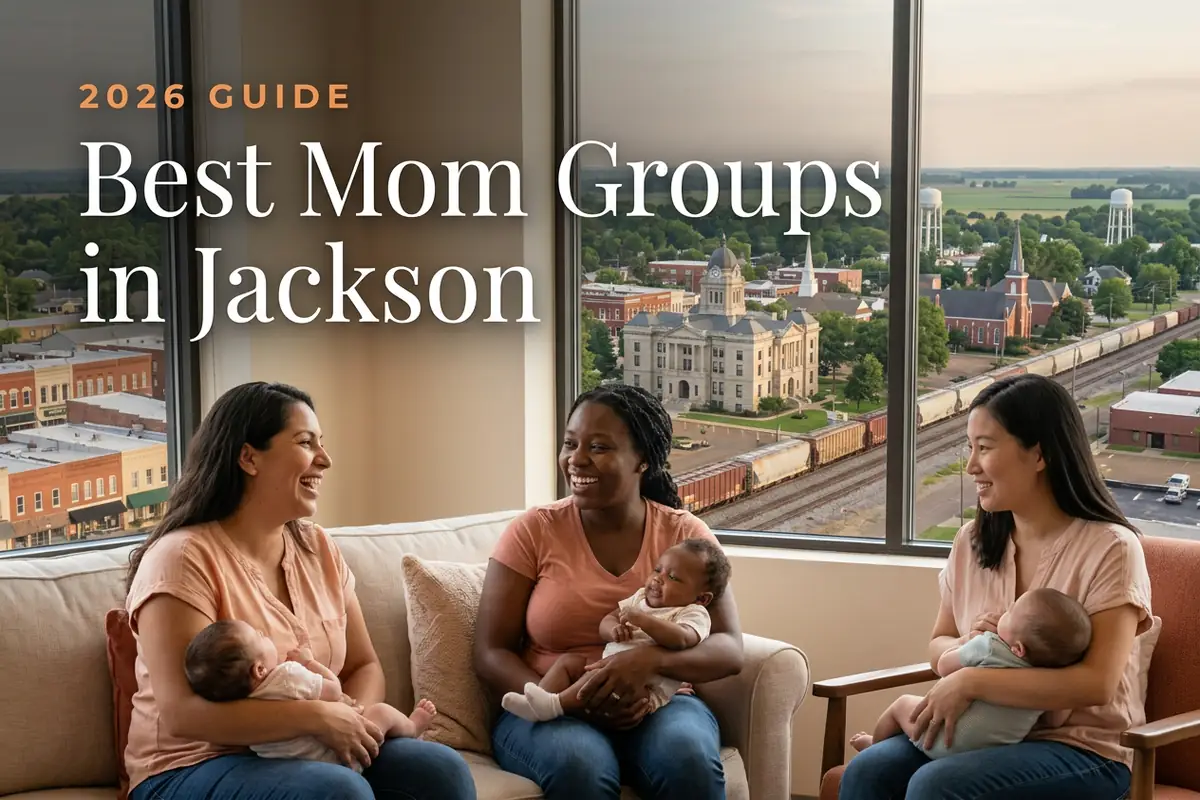 Best mom groups in Jackson, TN: three moms holding their babies at a Jackson new-parent meetup