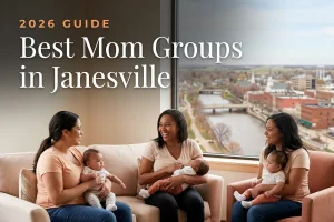 Best mom groups in Janesville, WI: three moms holding their babies at a Janesville new-parent meetup