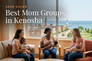 Best mom groups in Kenosha, WI: three moms holding their babies at a Kenosha new-parent meetup