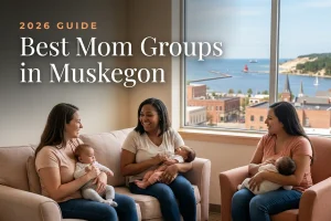 Best mom groups in Muskegon, MI: three moms holding their babies at a Muskegon new-parent meetup