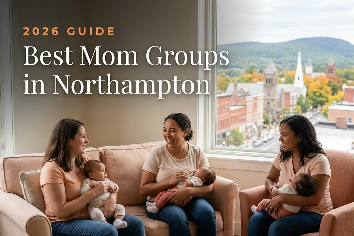 Best Mom Groups in Northampton | Betteroo Best mom groups in Northampton, MA: three moms holding their babies at a Northampton new-parent meetup