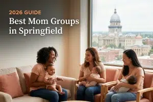 Best mom groups in Springfield, IL: three moms holding their babies at a Springfield new-parent meetup