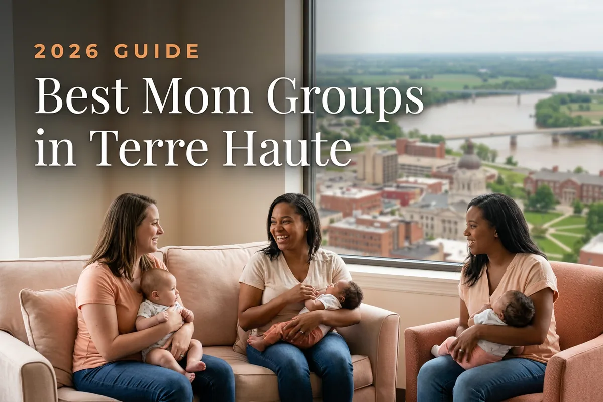 Best mom groups in Terre Haute, IN: three moms holding their babies at a Terre Haute new-parent meetup