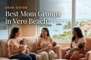 Best mom groups in Vero Beach, FL: three moms holding their babies at a Vero Beach new-parent meetup