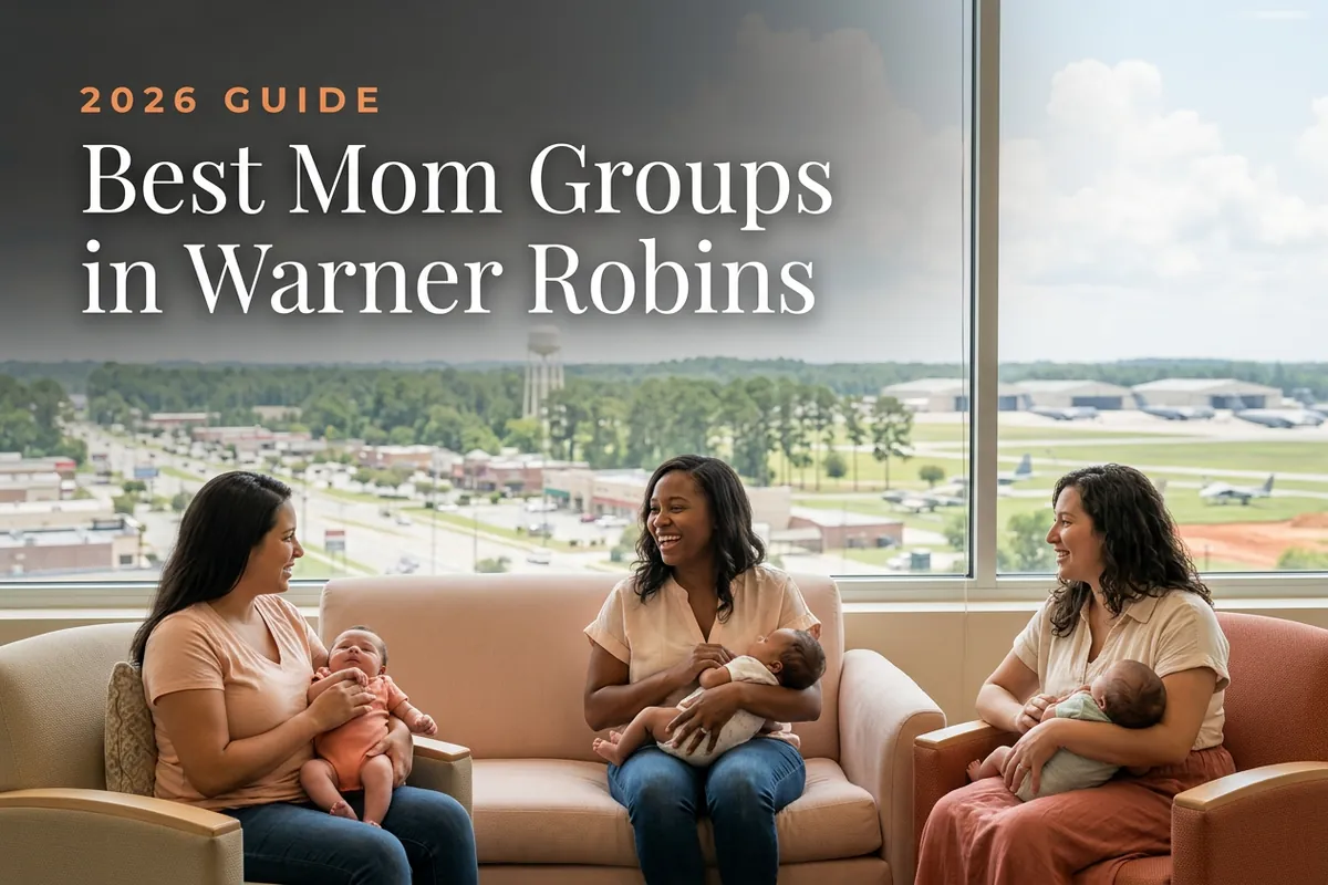 Best mom groups in Warner Robins, GA: three moms holding their babies at a Warner Robins new-parent meetup