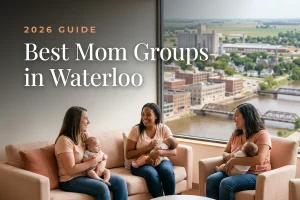 Best mom groups in Waterloo, IA: three moms holding their babies at a Waterloo new-parent meetup