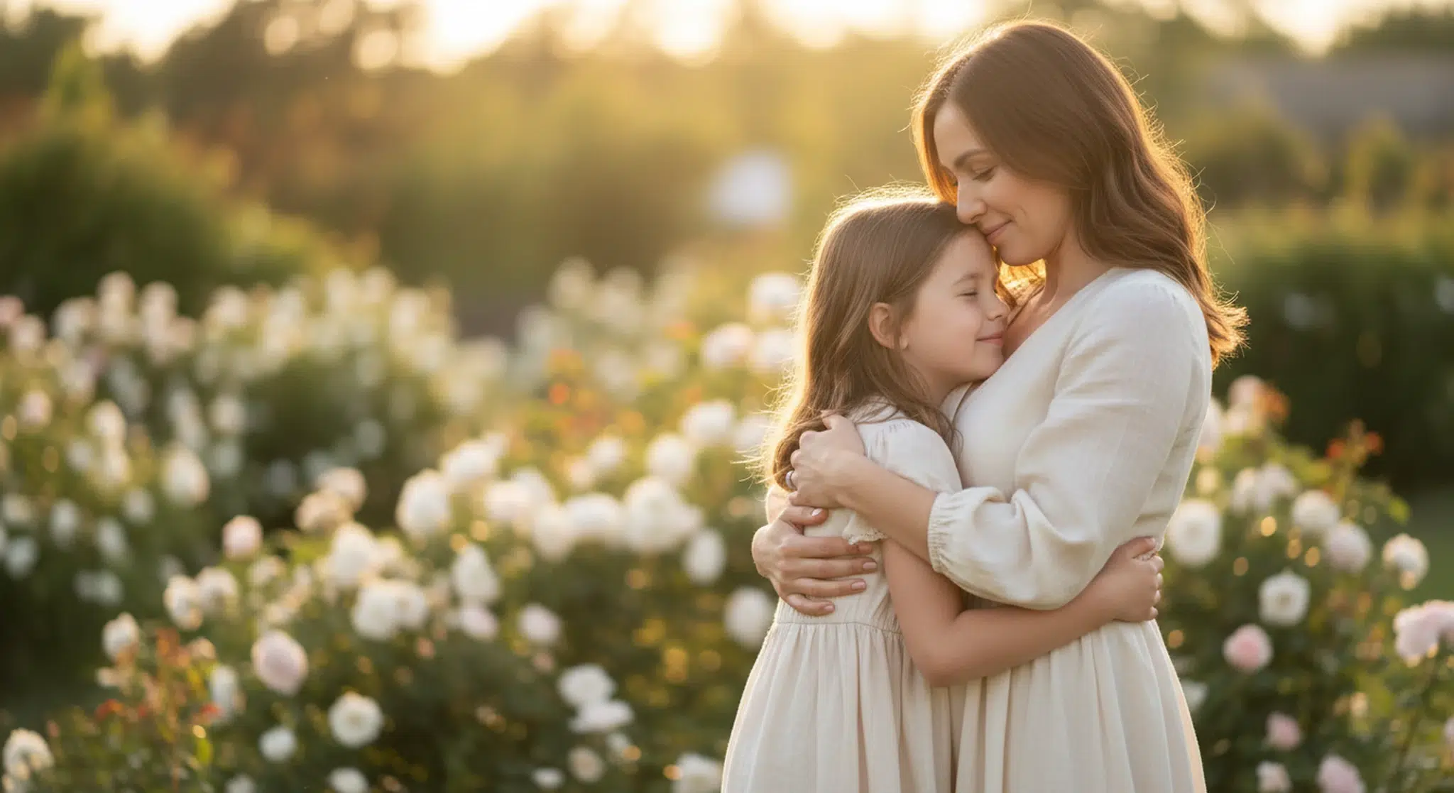 A mother holding her young daughter close in a sunlit garden, both smiling with their eyes closed