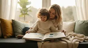 Bible Verses for Kids 35 Short Easy Verses to Memorize | Betteroo A young child and a parent sitting together on a cozy window seat reading a picture book in warm afternoon light