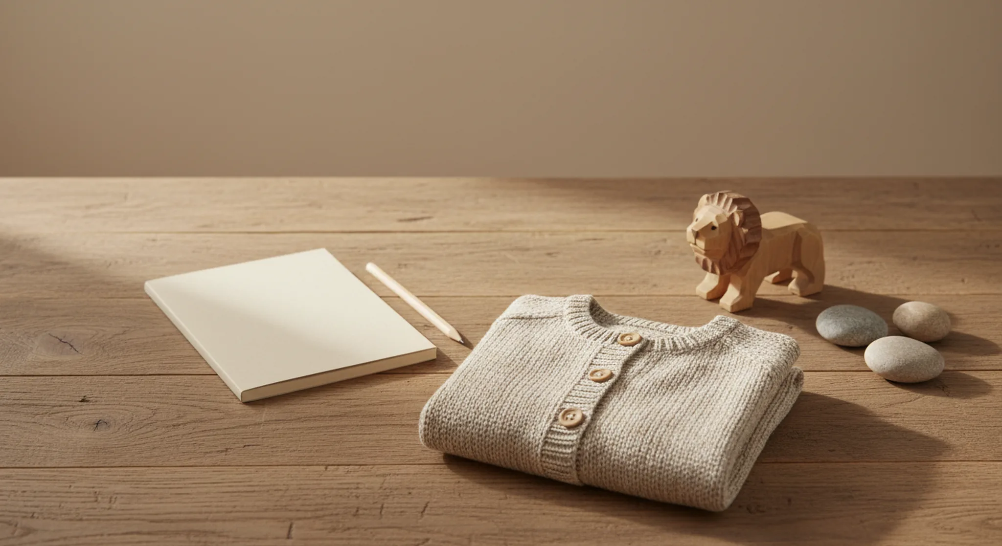 Blank kraft-paper notebook, pencil, a carved wooden lion, smooth stones and a folded oatmeal knit baby cardigan on a rustic oak table