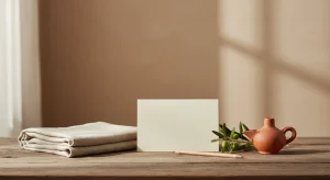 Blank cream notecard, pencil, an unlit clay oil lamp, a sprig of olive leaves and a folded linen baby blanket on a weathered wooden table