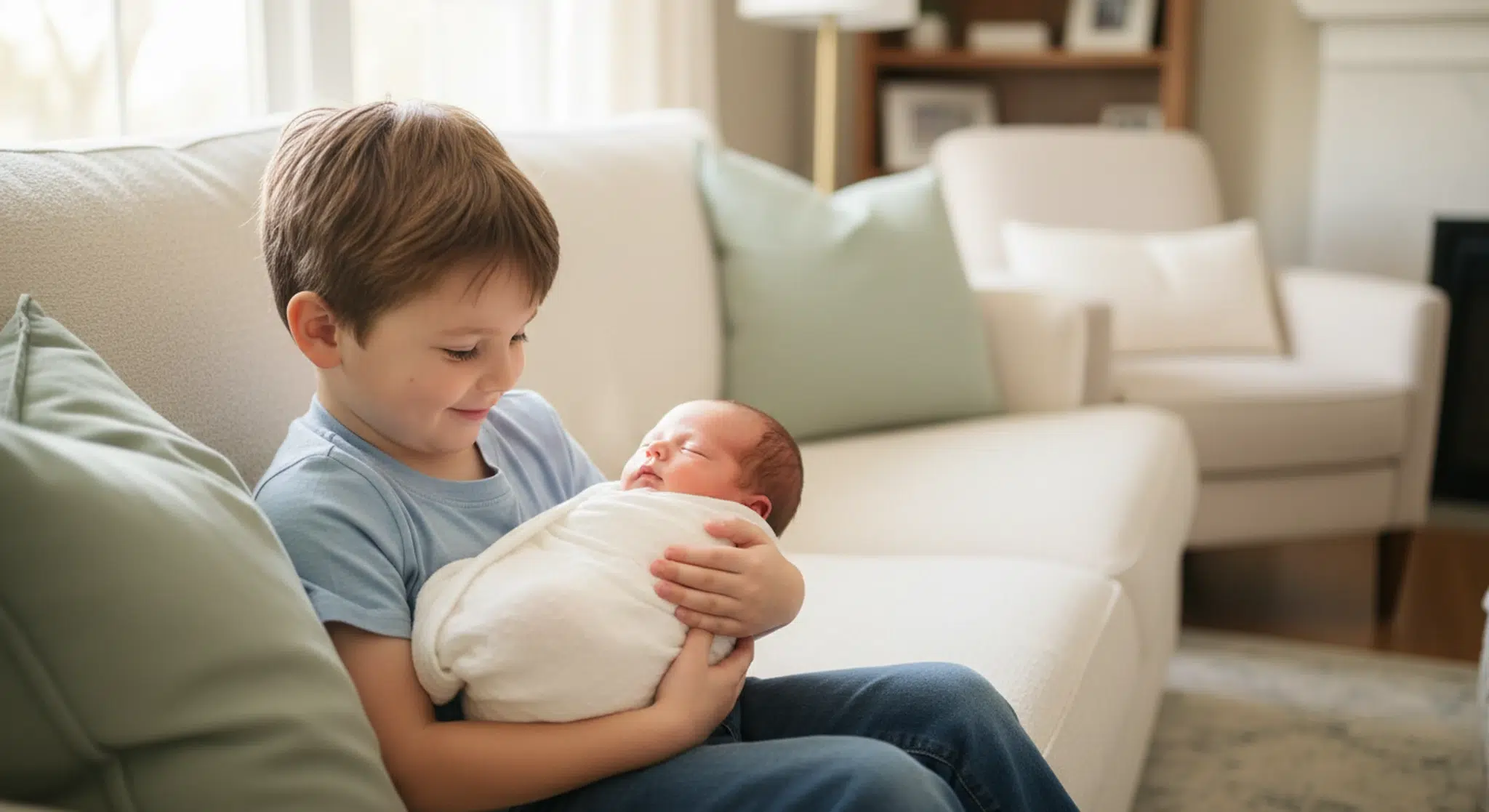 Older boy in a light blue shirt cradles a sleeping newborn wrapped in white on a beige sofa in a bright living room.