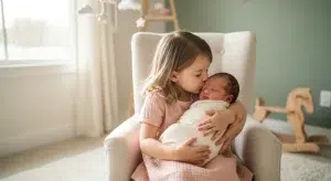 Little girl gently kissing her newborn sibling's head in a softly lit nursery