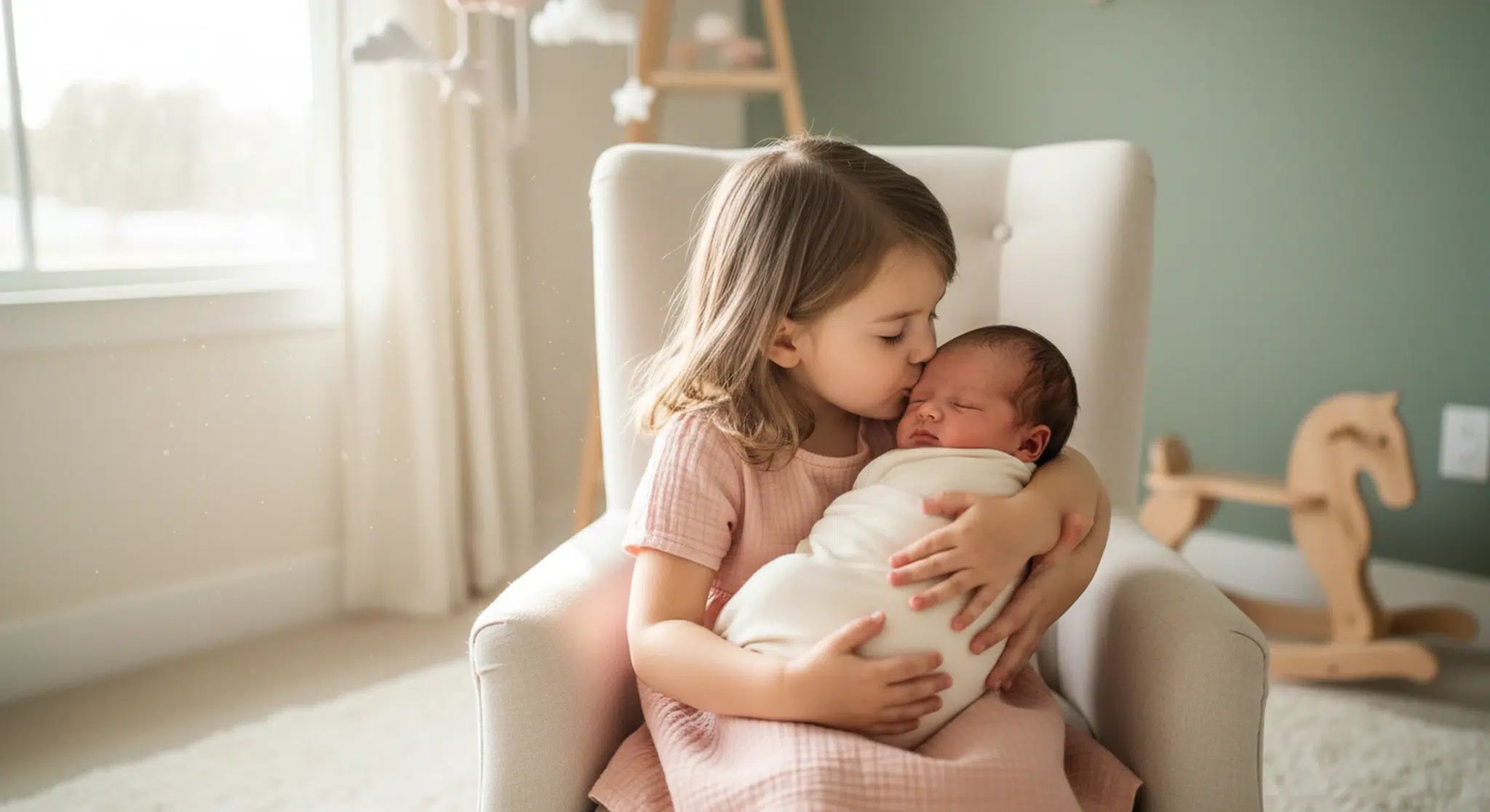 Little girl gently kissing her newborn sibling's head in a softly lit nursery