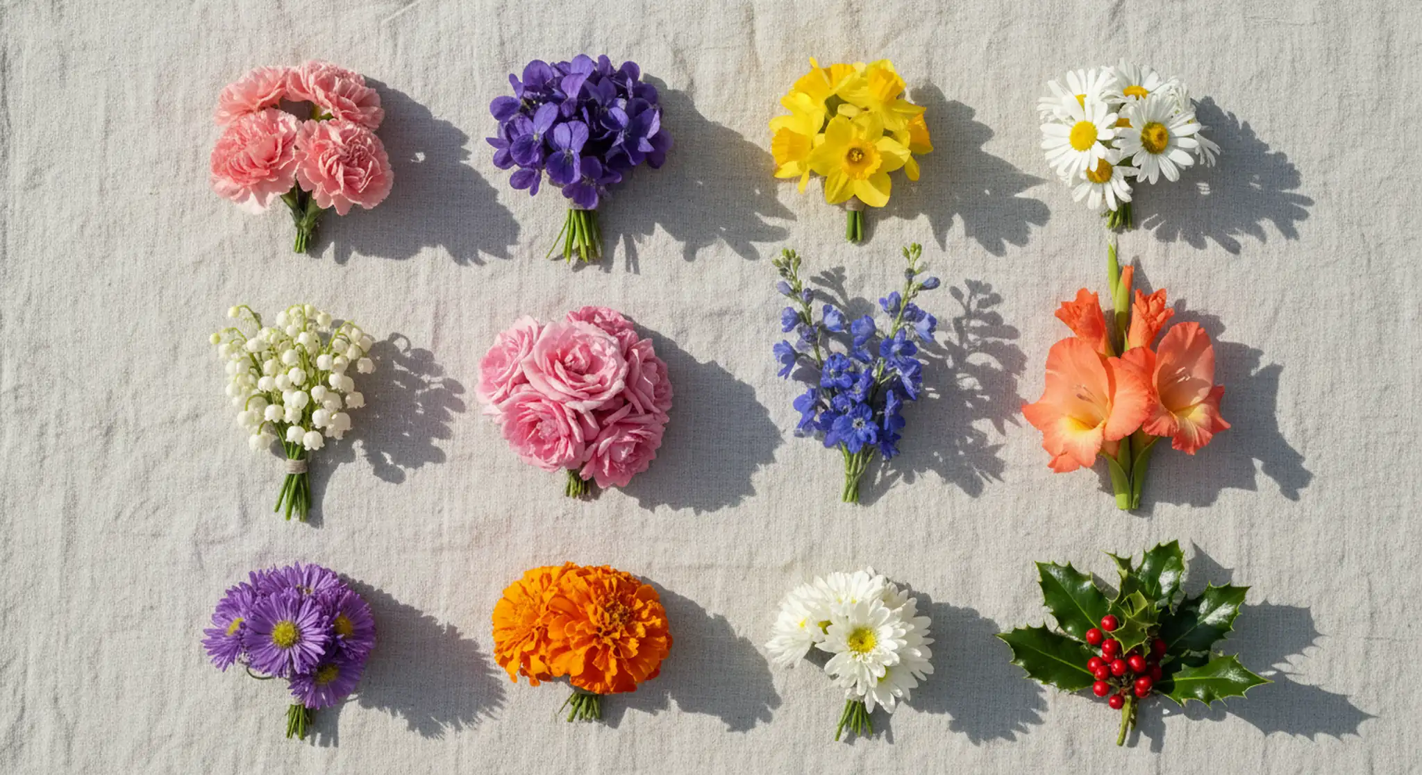 Birth Month Flowers Every Birth Flower by Month and What It Means | Betteroo Twelve small posies of birth month flowers arranged in a three by four grid on pale linen