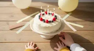 A small child's hands reaching toward a homemade birthday cake with lit candles on a sunny kitchen table