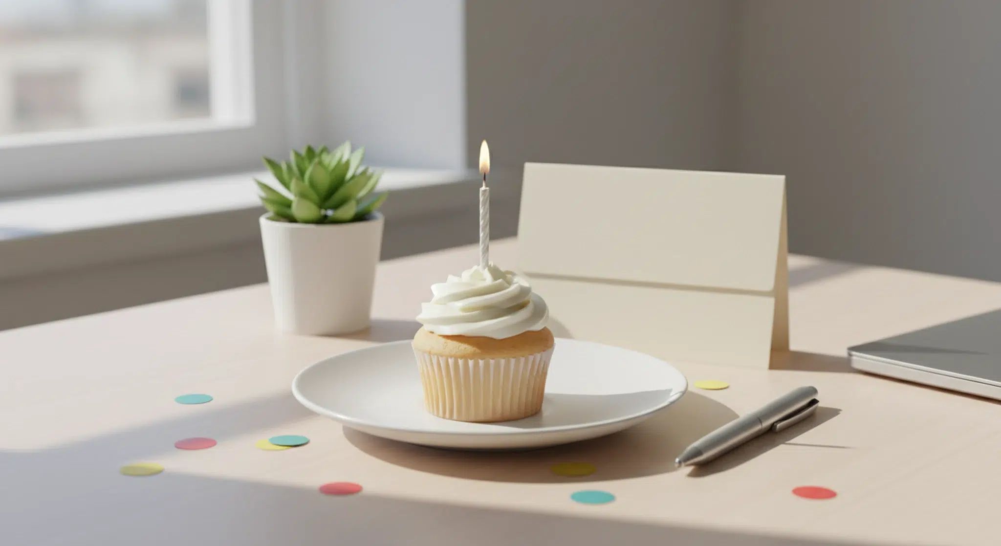 A vanilla cupcake with one lit candle beside a blank cream card, a pen and a small plant on a tidy office desk