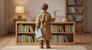 A child seen from behind in a homemade storybook detective costume with a trench coat, flat cap and magnifying glass in front of a low bookshelf