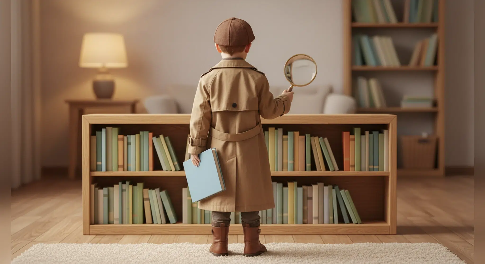 A child seen from behind in a homemade storybook detective costume with a trench coat, flat cap and magnifying glass in front of a low bookshelf