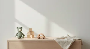 A knitted teddy bear, plain wooden blocks and a wooden toy car on a nursery dresser in soft morning light