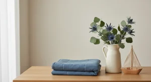 Beige wall behind a wooden table with a white pitcher holding blue thistle flowers and eucalyptus, beside folded blue jeans and a small sailboat ornament.