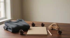 Blank kraft-paper notebook, pencil, small wooden toy car, pine cones and a folded charcoal-gray baby sweater on a walnut table