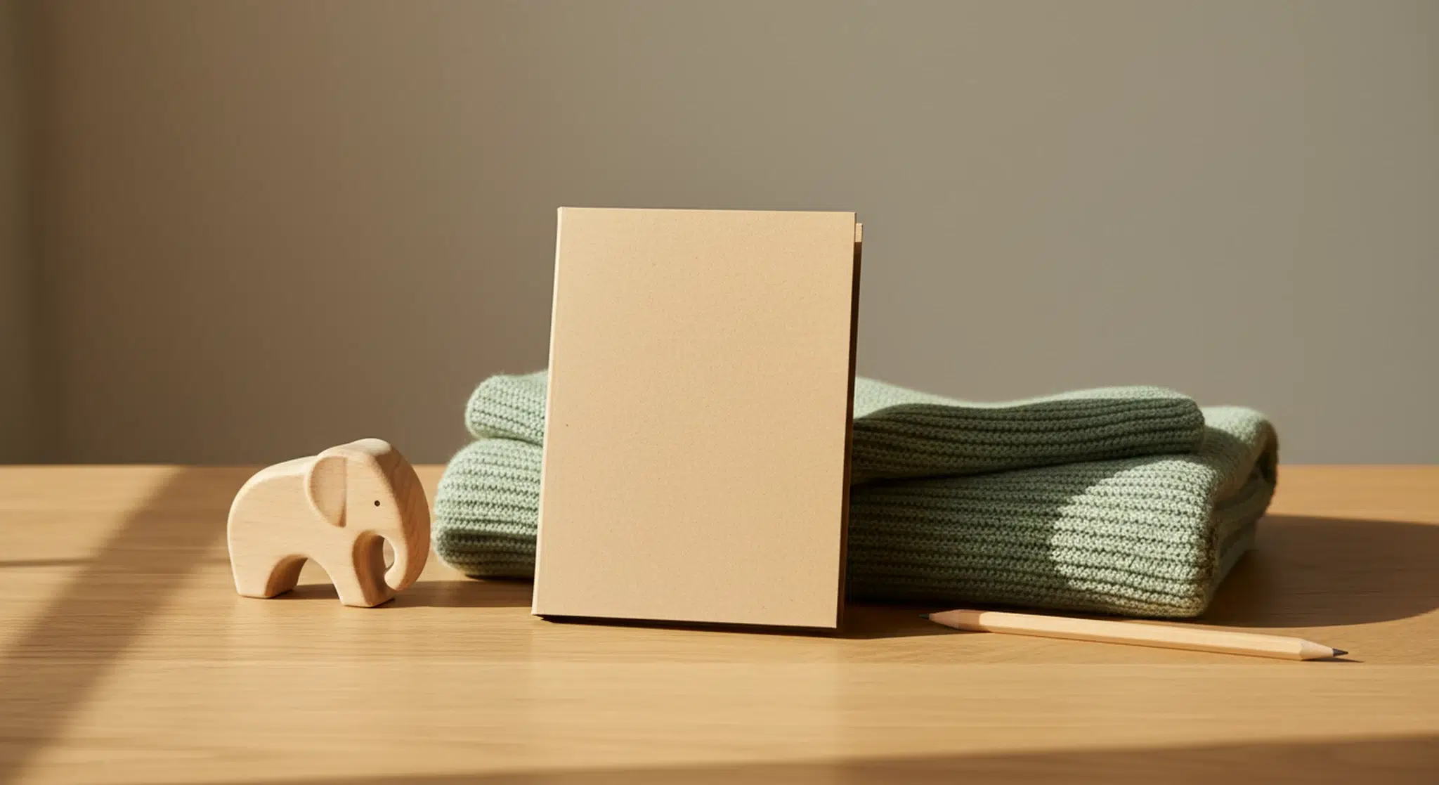 Blank kraft notebook, pencil, small wooden toy elephant and folded sage-green knit baby blanket on an oak table