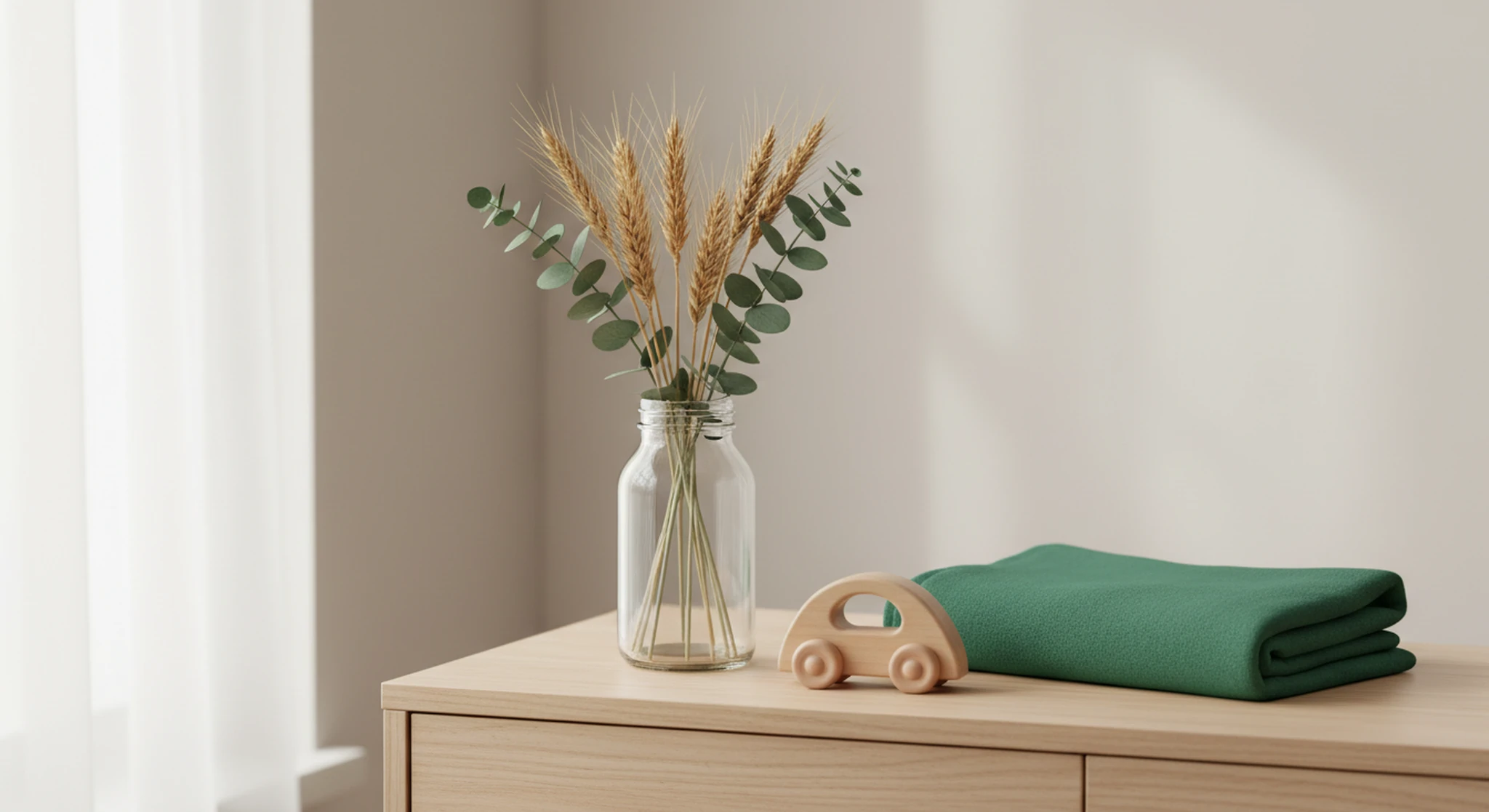 Glass vase with dried wheat and eucalyptus on a light wood dresser, beside a neatly folded green blanket and a wooden toy car.