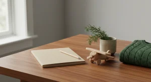 Blank kraft-paper notebook, pencil, small wooden toy airplane, a juniper sprig in a stoneware cup and a folded green baby sweater on a walnut table