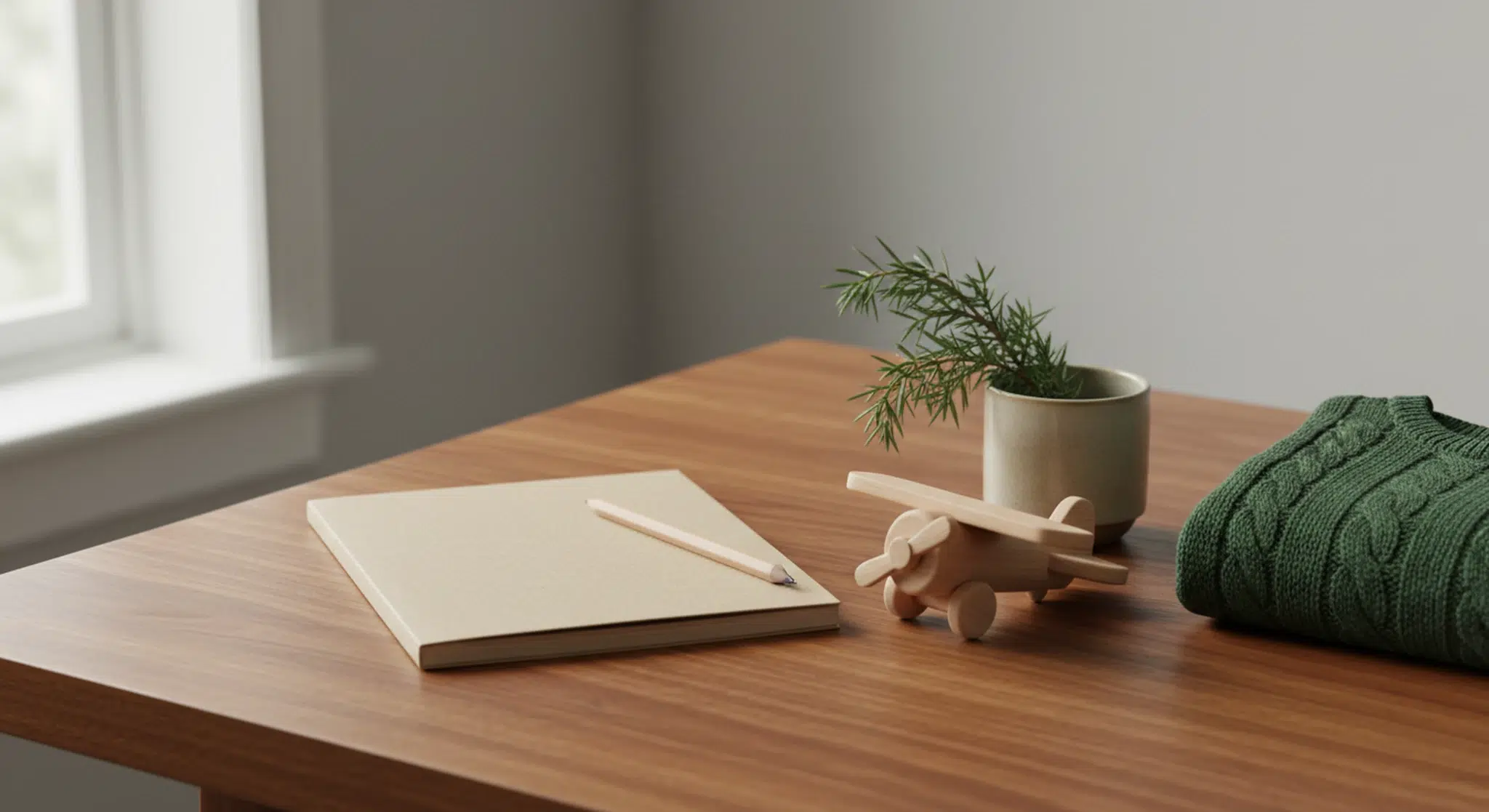 Blank kraft-paper notebook, pencil, small wooden toy airplane, a juniper sprig in a stoneware cup and a folded green baby sweater on a walnut table