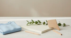 Blank cream notebook, pencil, small wooden kite toy, sprig of green leaves and folded light-blue baby romper on a white-washed table