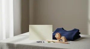 Blank cream notecard, pencil, small wooden toy lion, lavender sprig and folded navy baby romper on a gray linen cloth