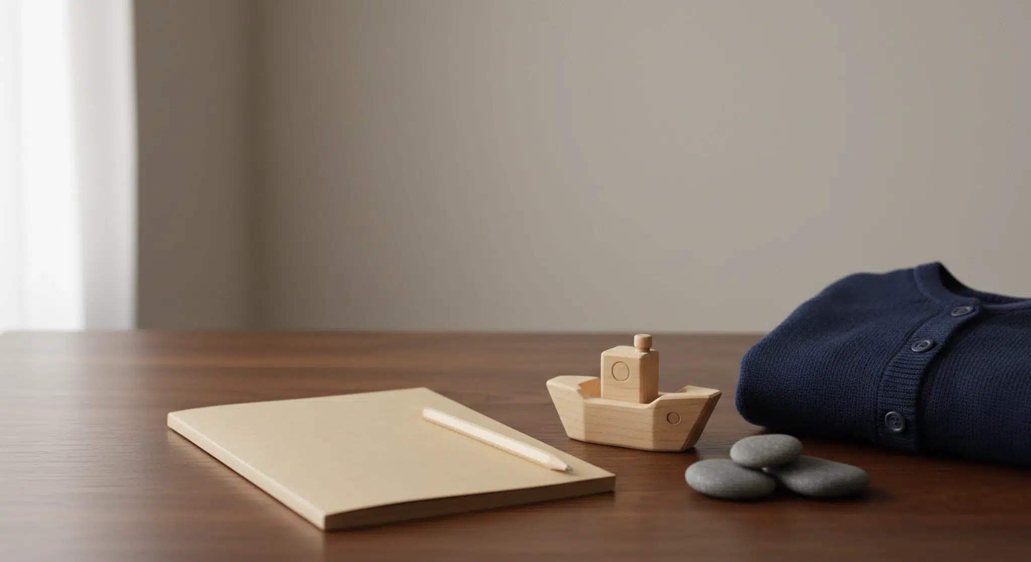 Blank kraft-paper notebook, pencil, small wooden toy boat, river stones and a folded navy baby cardigan on a dark oak table