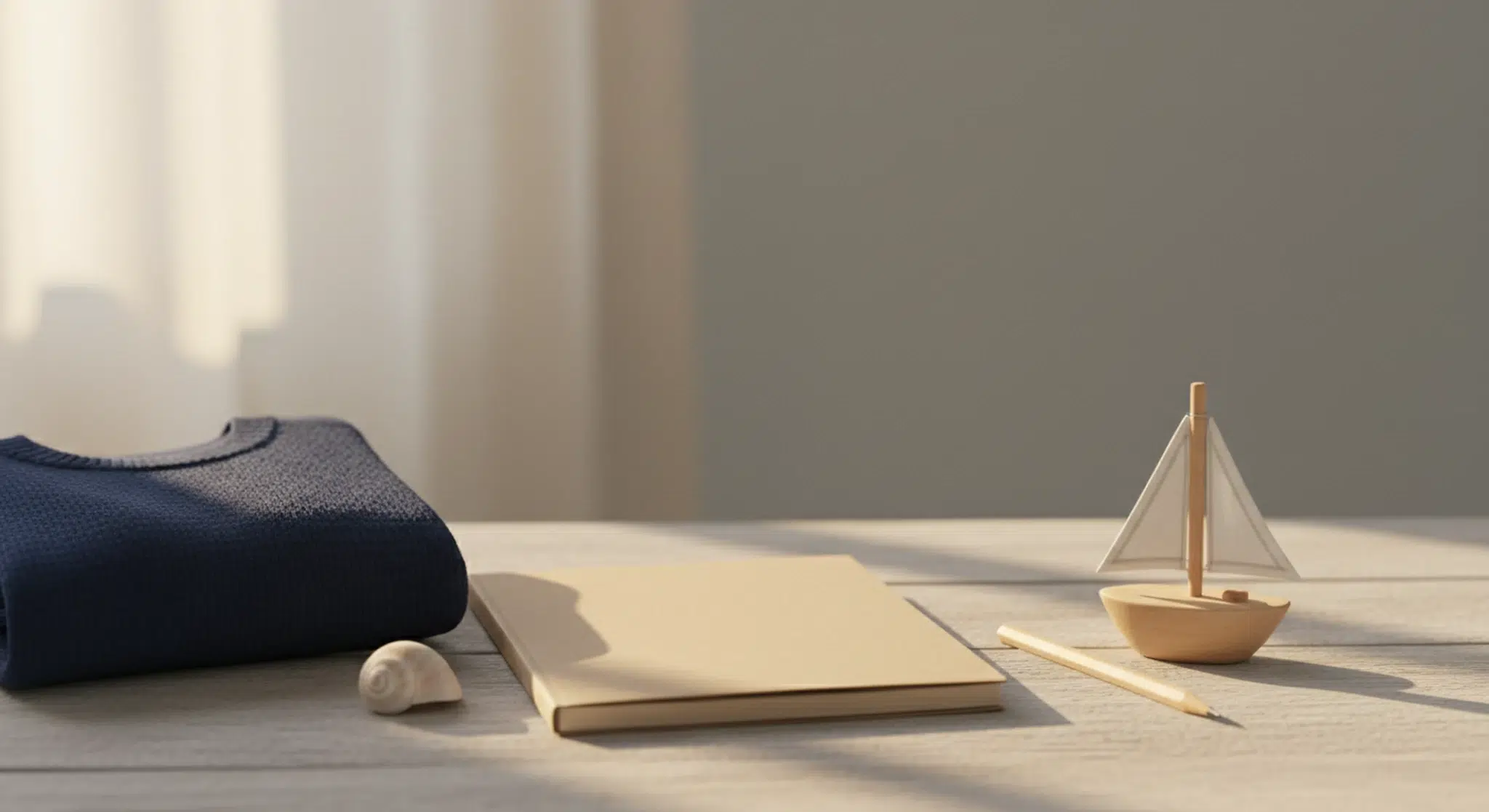 Blank kraft-paper notebook, pencil, small wooden toy sailboat, white seashell and a folded navy baby sweater on a light wood table