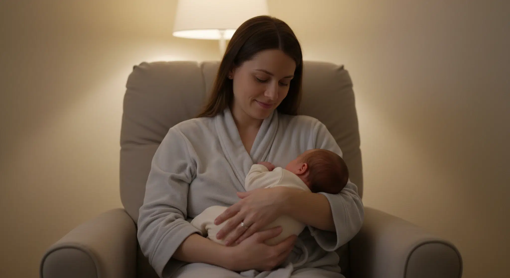 Mother in a soft robe sitting in a glider chair nursing her newborn under warm lamplight