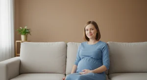 Breech Baby Causes Turning Options and What Happens at Birth | Betteroo Pregnant woman in a soft blue dress sitting on a sofa in daylight with one hand resting on her late pregnancy bump