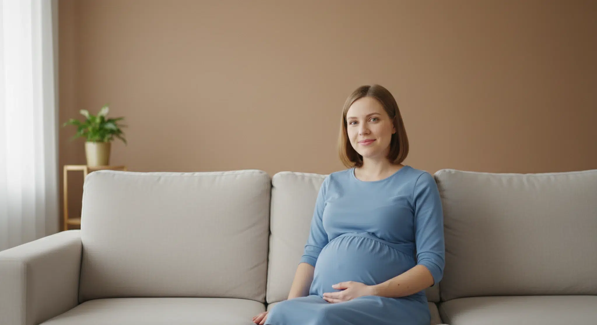 Pregnant woman in a soft blue dress sitting on a sofa in daylight with one hand resting on her late pregnancy bump