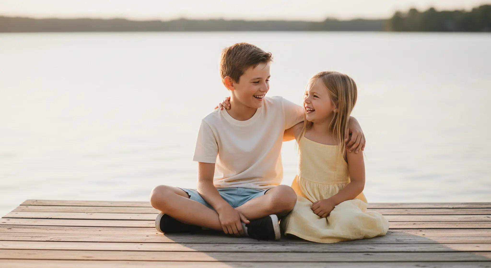 Two children sit on a wooden dock by a calm lake, smiling and embracing each other.