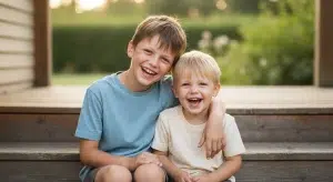 Two young brothers sitting on porch steps with arms around each other, laughing