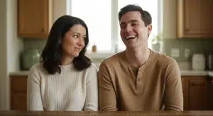 Adult sister and brother sitting side by side in a sunlit kitchen, laughing together