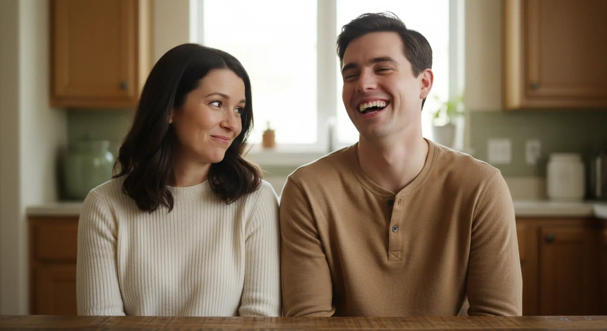 Adult sister and brother sitting side by side in a sunlit kitchen, laughing together