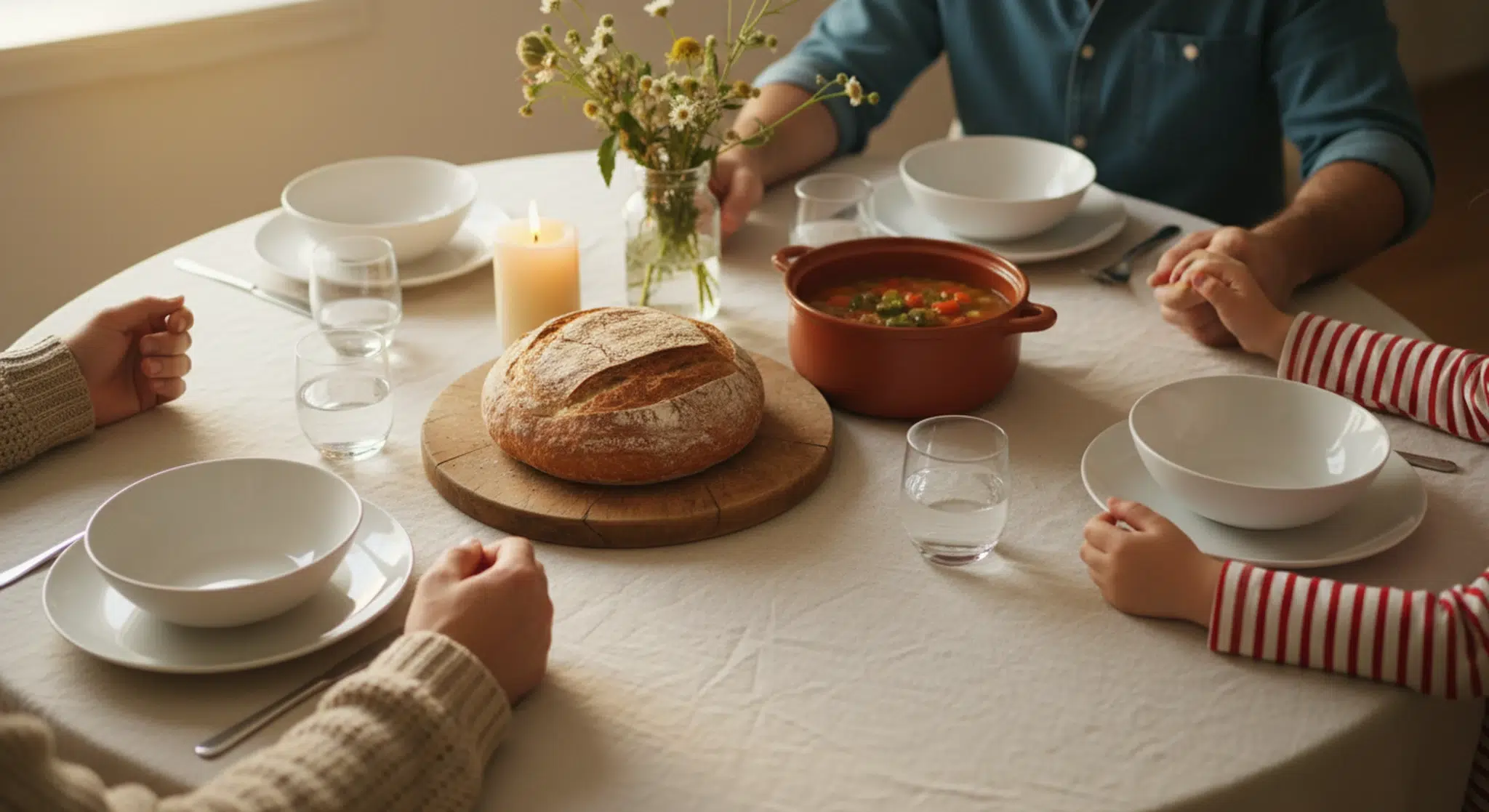 A family gathered at a simple dinner table with rustic bread, vegetable soup, and a lit candle in warm evening light