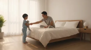 A young child in pajamas holding a stuffed bunny beside a parents' bed while a smiling dad reaches for the child's hand in early morning light