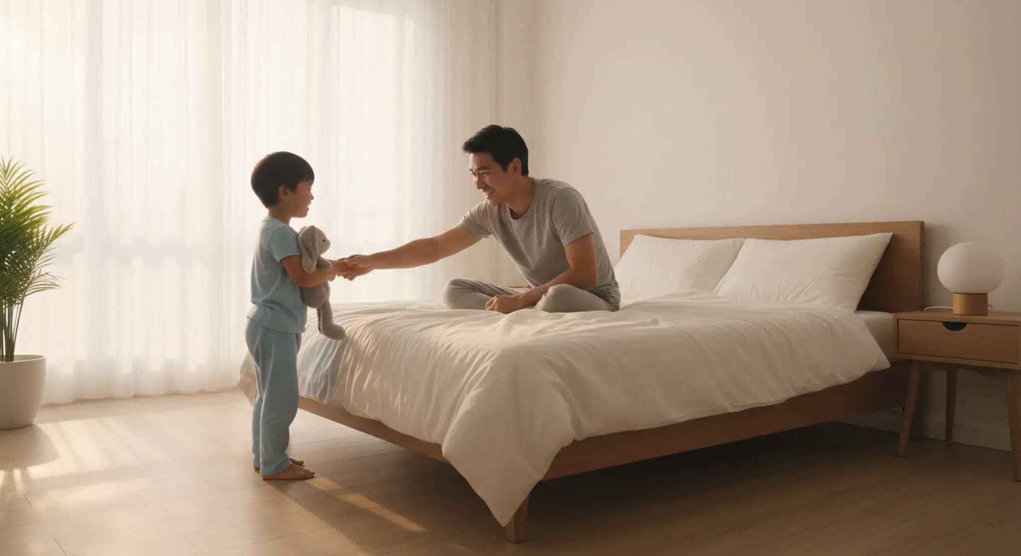 A young child in pajamas holding a stuffed bunny beside a parents' bed while a smiling dad reaches for the child's hand in early morning light