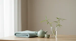 Calm tea-time scene: pale green teapot and cup beside a glass with bamboo stems on a wooden table, with a folded gray knit blanket nearby.