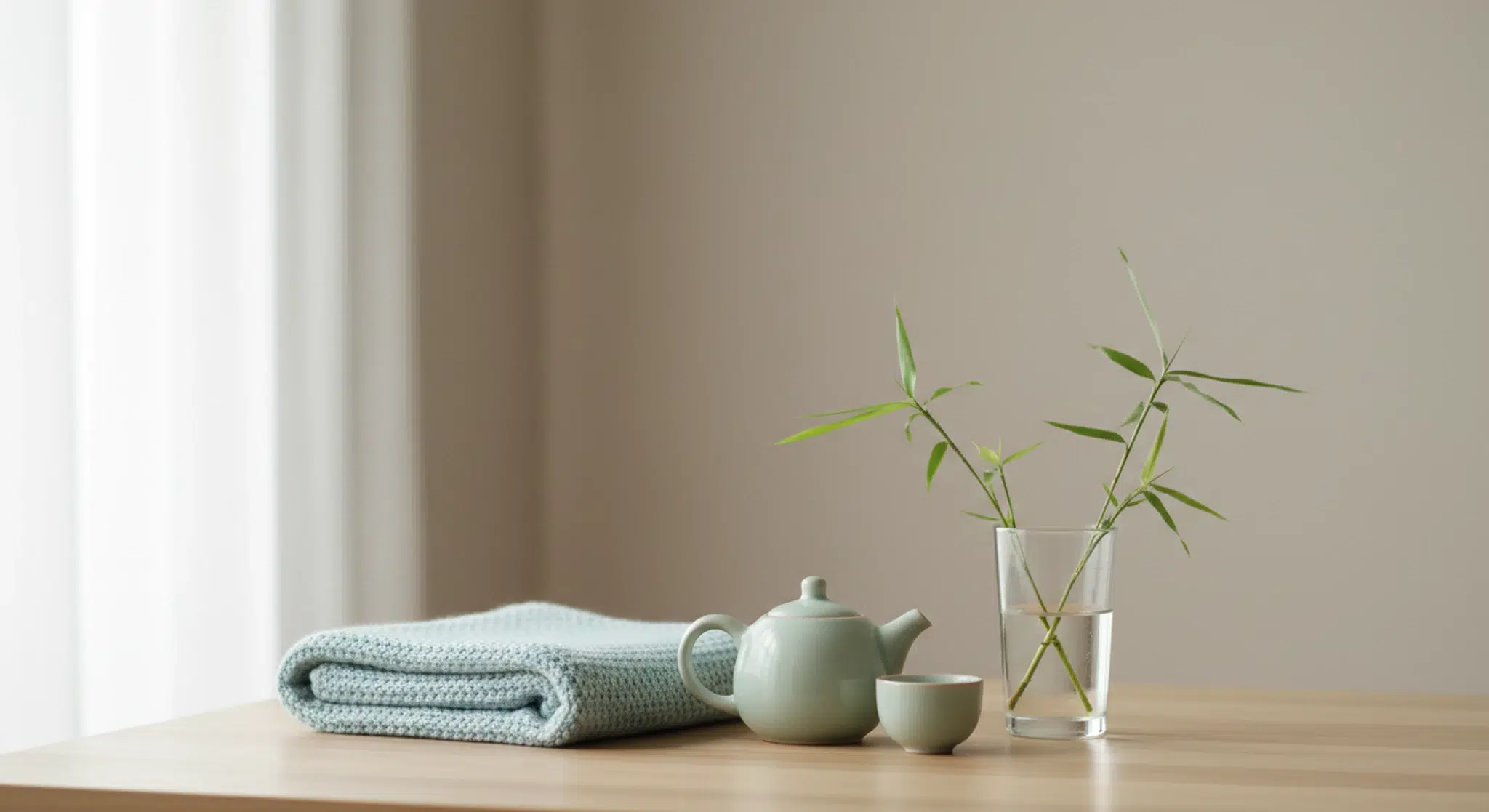 Calm tea-time scene: pale green teapot and cup beside a glass with bamboo stems on a wooden table, with a folded gray knit blanket nearby.