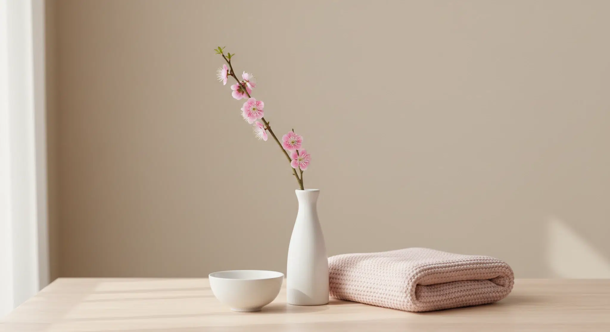 Plain white porcelain bowl, a sprig of pink plum blossom in a white bud vase and a folded pale-pink knit baby blanket on a light wooden table