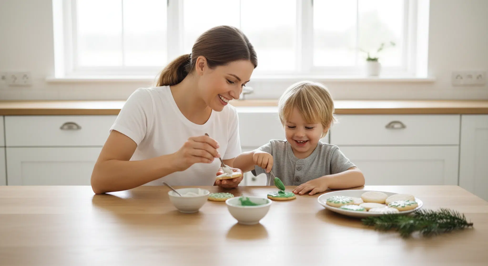 A smiling mother and young son decorating round sugar cookies with icing at a bright kitchen table