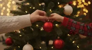 A child's hands and a parent's hands hanging a glass ornament on a softly lit Christmas tree