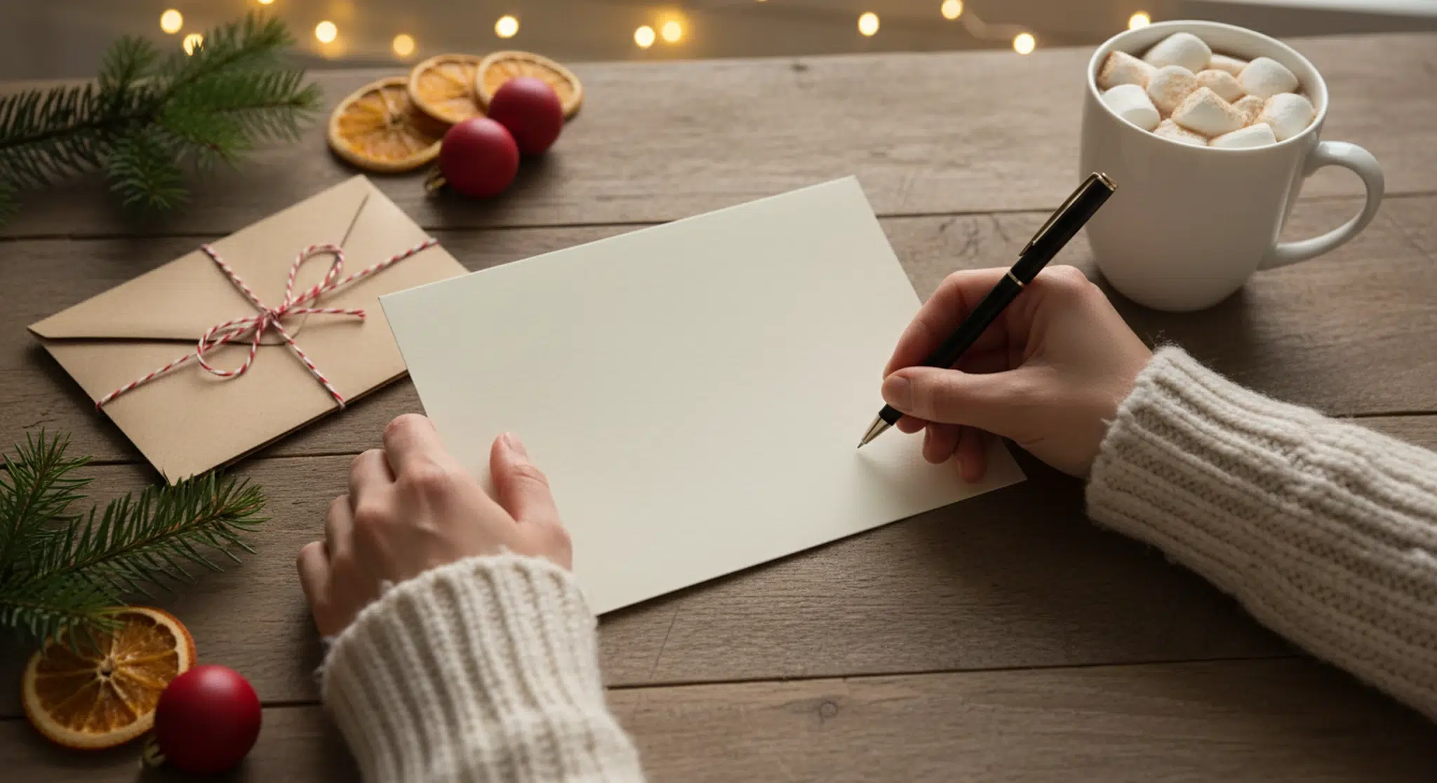 Hands writing in a blank Christmas card on a wooden table beside pine sprigs, kraft envelopes, twine, and a mug of cocoa